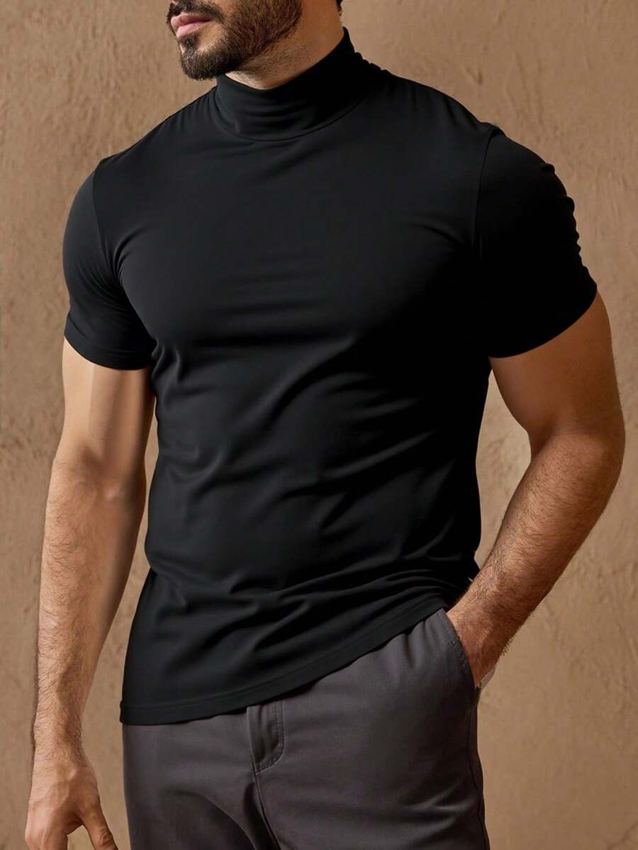 Men's Casual Minimalist Half-Turtleneck Short Sleeve T-Shirt, Suitable For Summer, Fall