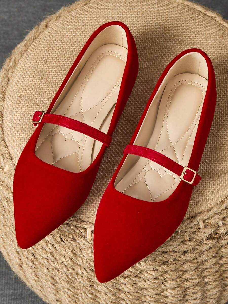 Pair Of Women's Flat Shoes, Pointed Soft Leather Work Shoes, Versatile Shoes, Bean Shoes, Women's Pointed Shallow Mouth Soft Sole, Fairy Style Flat Heel, Shallow Mouth Commuting Single Shoes - 紅色 - 查看 1