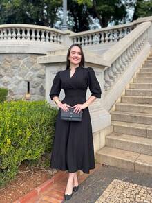 PLAIN MIDI DRESS Button WOMEN'S FASHION Daily - màu đen - Xem 5