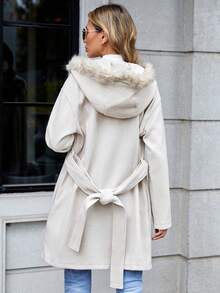 Women's Hooded Casual Belted Fleece Coat, Versatile For Autumn/Winter - Apricot - View 5