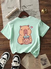 Girls & Teens Casual Mint Green Printed Round Neck Short Sleeve T-Shirt, Summer Top - Mint Green - View 3