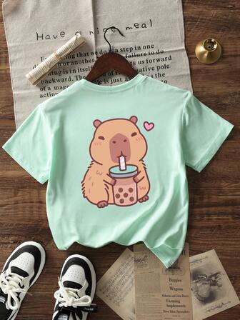 Girls & Teens Casual Mint Green Printed Round Neck Short Sleeve T-Shirt, Summer Top