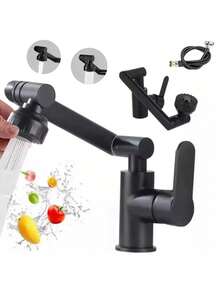 Grifo de Cocina, Grifo giratorio Acero inoxidable para Lavabo de Baño, Llave Mezcladora para Fregadero de Agua Caliente y Fría,Extraíble con 2 Manguera 60CM - Negro - Ver 2