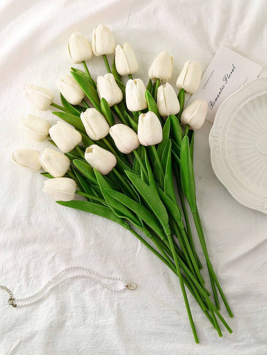 Light Yellow Exquisite Real Touch White Artificial Tulip Bouquets - For Bedroom, Living Room, Wedding, Party, Valentine's Day, Father's Day,Graduation And Mother's Day Gifts, Easter Decorations & Gifts For Girlfriends