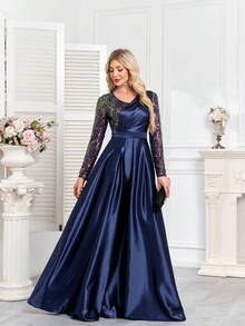 hezixi High Quality Elastic Sequin V-Neck Cover Sleeves With Slim Fit And Fishtail Hem Design, Featuring A Solid Elegant And Luxurious Long Dress For Women,Making Women Younger And More Charming,Suitable For Various Parties, Graduations, Weddings, Events And Various Banquets And Dancing Parties,Formal Ball Gown For Women (Deluxe Edition) - Navy Blue - View 7