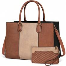 Laptop Bags For Women 15.6 Inch Work Tote Bags Womens Laptop Purse Waterproof PU Leather Laptop Briefcase For Office Computer Bag Women Travel Handbag Shoulder Bag - 黑色X棕色X卡其色 - 查看 1