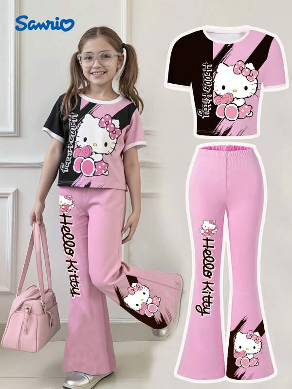 Sanrio Sanrio Hello Kitty Girls 2pcs Set: Round Neck T-Shirt + Slim Flare Pants