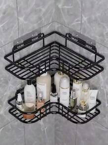 1/2pcs Wall-Mounted Bathroom Storage Rack, No-Hole Bathroom Shelf, Shower Caddy Organizer With Hooks, For Vanity Wall Mount Storage, Bathroom Decor & Accessories, Practical Shelf
