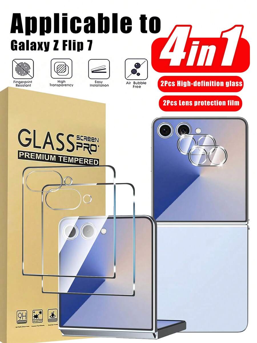 2pcs Screen Protector Compatible With Samsung Galaxy Z Flip 7 (Not For Z FE) (Front Screen Only) And [2pcs] Galaxy Z Flip7 Camera Lens Tempered Glass Protector. 9H Hardness. Bubble-Free. Easy To Install. - Clear - View 1