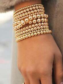 7pcs Retro Minimalist Beaded Bracelet Set, Elegant CCB Material, Suitable For Women, Daily, Commute, Date, Party, Holiday, Girlfriend Birthday Gift - Yellow Gold - View 4