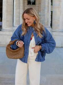 Women's Blue Quilted Stand Collar Padded Jacket Long Sleeve Pocket Casual Fall Winter Coat