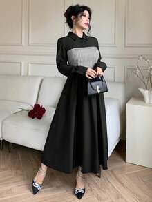 abyoxi 黑色撞色长袖休闲 A 字衬衫中长连衣裙，休闲性感，适合通勤、工作/办公室服装、返校、女士秋冬服装