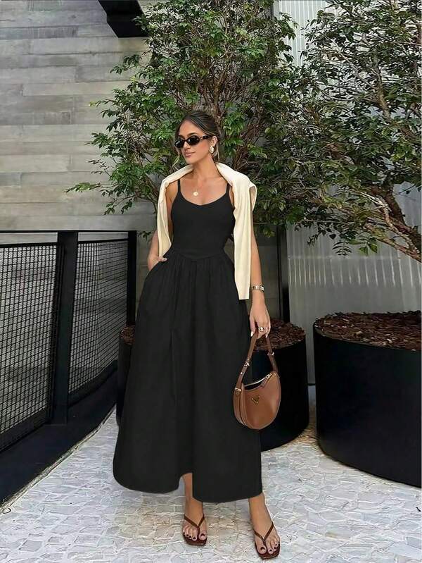 Damen Einfarbiges Kleid mit doppelter Lage, seitlichem Schlitz und Tasche für Alltag und Urlaub, für Frühling und Sommer