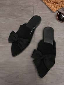 Zapatos planos casuales sin cordones con lazo puntiagudo de color sólido para mujer, suaves y cómodos, adecuados para primavera, verano y otoño. - Negro - Ver 4