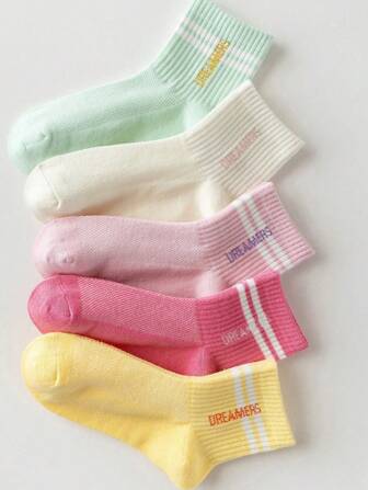 5 Pairs Kids/Children Letter Print Solid Color Sports Ankle Socks, Suitable For Spring/Summer, 4 Seasons, Sizes: (2-3), (3-8), (8-12), (12-16) Years Old