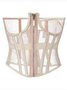 1 件女式修身束腰上衣，拉链网眼轻质透气塑身内衣丰胸上衣万圣节服装 - 杏色 - 查看 4