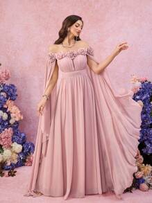 SUPGIR Abito da sera plissettato in chiffon a line con spalla scoperta, maniche a campana, decorazione floreale sul busto e vita