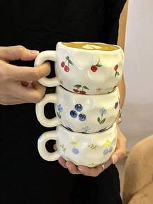 1pc Ins Style Hand-Painted Underglaze Ceramic Coffee Mug, Asymmetrical Hand-Molded Cup, Cute Fruit Pattern Coffee Mug For Home, Afternoon Tea, Milk, Juice, Beverage, Gift For Family, Friends Back To School - Multicolor - View 1