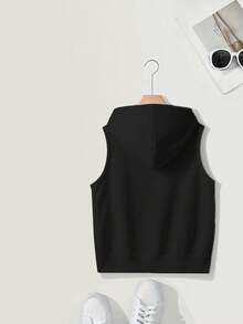 Sudadera con capucha sin mangas de unicolor casual con cordón y cremallera - Negro - Ver 2