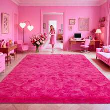 Alfombra peluda ultrasuave para sala de estar y dormitorio, extragrande, con base de goma antideslizante y 4 almohadillas autoadhesivas, 100 % poliéster, bordes cosidos resistentes, ideal como regalo de Navidad. - Rosa Fucsia - Ver 2