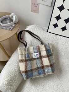 Women Shoulder Bags - 圈圈呢單肩包-藍咖格 - 查看 1