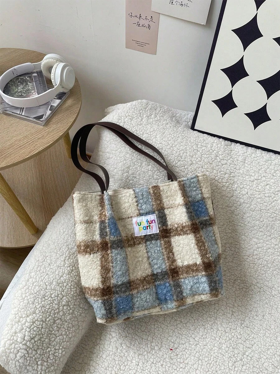 Women Shoulder Bags - 圈圈呢單肩包-藍咖格 - 查看 1