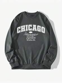 Áo sweatshirt nam cổ tròn kiểu Mỹ cổ điển in chữ hoa | In chữ Chicago | Phong cách đường phố thường ngày | Thích hợp mặc nhẹ nhàng hàng ngày vào mùa xuân và mùa thu - Màu xám đen - Xem 4