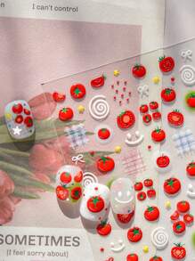 1片中式番茄果冻美甲贴纸，透明亮面自粘美甲装饰，可爱番茄绿叶图案，适合日常美甲美足，趣味装饰