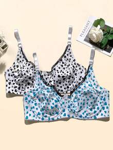 3 pièces Soutien-gorge pour femmes de grande taille avec décoration en nœud, imprimé cœur, armatures, bretelles réglables et garniture en dentelle - Multicolore - Voir 6