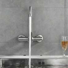[Stainless Steel Kitchen Faucet] Stainless Steel Wall-Mounted Kitchen Faucet With Curved Spout - Hot And Cold Water, Rotatable - Includes Accessories