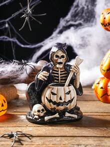 1pc Vintage Funny Skeleton Stirring Potion Decorative Statue, Resin Material Decorative Craft, Suitable For Halloween, Theme Parties, Desk And Other Personalized Decor