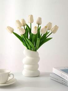 Light Yellow Exquisite Real Touch White Artificial Tulip Bouquets - For Bedroom, Living Room, Wedding, Party, Valentine's Day, Father's Day,Graduation And Mother's Day Gifts, Easter Decorations & Gifts For Girlfriends