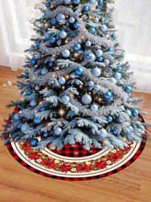 圣诞树裙，红色格子圣诞树裙，节日花卉图案，圣诞树裙布，适合家居圣诞装饰，圆形树裙