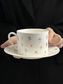 1 Set Floral Ceramic Coffee Cup & Saucer, Hand-Painted Colorful Flower Designed Coffee Mug, Latte Mug, Juice Cup, Milk Cup, Dessert Plate, Drinking Cup, Gift For Family & Friends Back To School