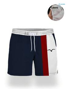 男士夏季印花图案抽绳腰斜插口袋夏威夷风速干双层网眼衬里短裤，海鸥撞色3D印花，时尚休闲沙滩度假泳裤 - 彩色 - 查看 3