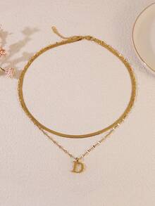 1pc Minimalist Stainless Steel Double Layer Necklace With Uppercase Letter Pendant, Suitable For Women's Daily Wear Or As A Gift For Friends - Yellow Gold - View 7