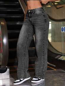 Jeans versátiles de unicolor para adolescentes y niñas - Negro - Ver 6