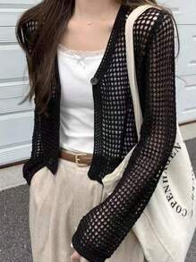 1pc Short Hollow Out Single Button Lightweight Mesh Knit Cardigan For Women, Thin Shawl Outerwear To Pair With Camisole Tops, Summer