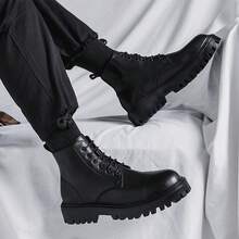 Chunky Sole High-Top Lace-Up Boots,  Streetwear Style Footwear With Durable Upper & Thick Non-Slip Outsole, Fashionable Casual Ankle Boots For Daily Wear & Urban Outfits - màu đen - Xem 1