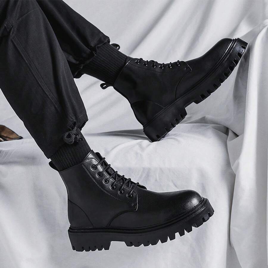 Chunky Sole High-Top Lace-Up Boots, Streetwear Style Footwear With Durable Upper & Thick Non-Slip Outsole, Fashionable Casual Ankle Boots For Daily Wear & Urban Outfits - màu đen - Xem 1