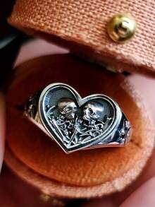Silvery Heart Signet Ring The Lovers Skeleton Final Embrace Gothic Romantic Engagement Ring Halloween Ring Valentine's Day Gift - White CZ - 查看 3