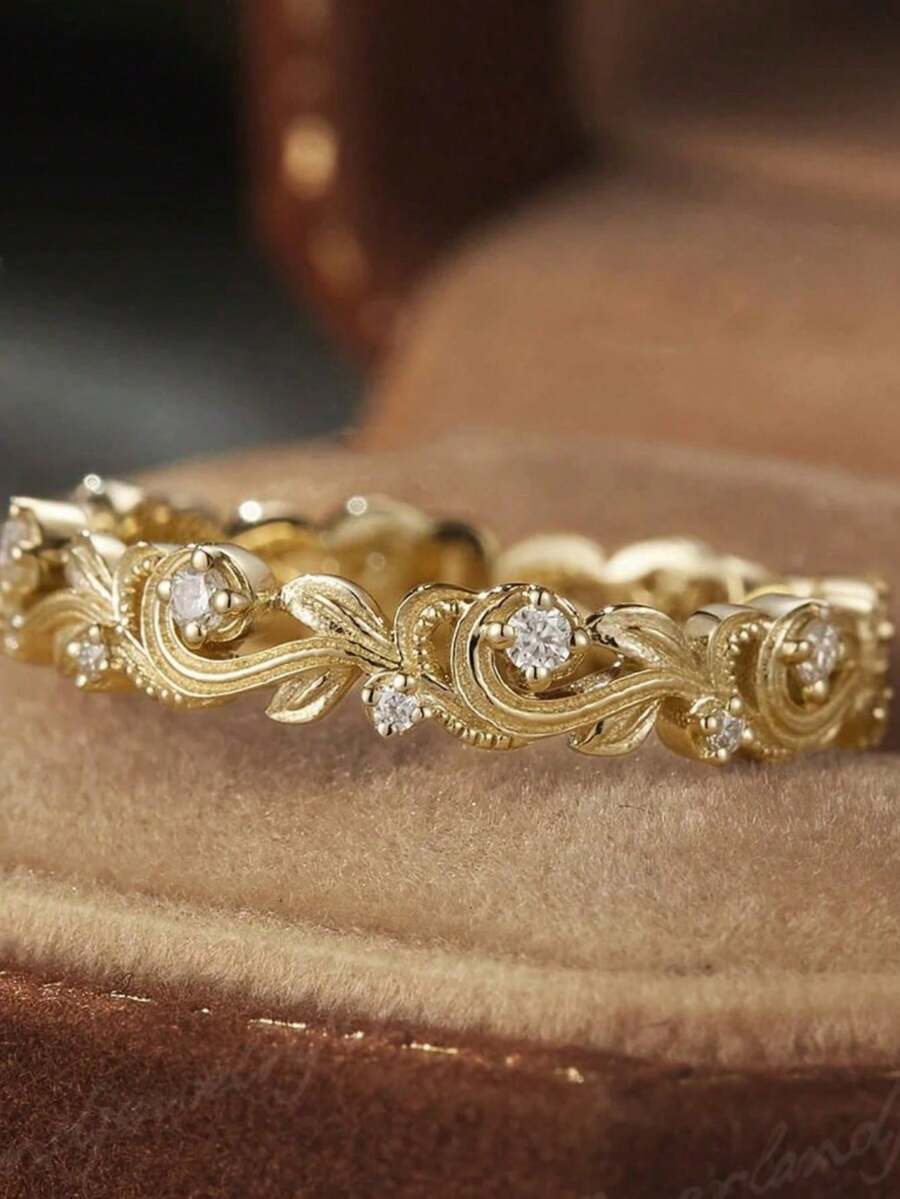 Vintage Elegant Cubic Zirconia Golden Ring For Women Wedding Engagement Promise Jewelry Full Eternity Stacking Wedding Band Daily Party Jewelry Gift For Her - 金的 - 查看 1