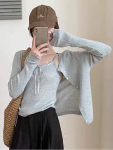 2 件灰色吊带背心和针织开衫套装，优雅修身女士上衣，秋季 - 灰色 - 查看 2