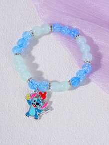 Disney 1 Disney  Bracelet, Blue And Purple Cat's Eye Beads, Stitch And Angie Cartoon Pattern, Crystal Elastic Bracelet Children's Gift Bracelet, Valentine's Day Gift