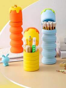 1pc Expandable Pen Holder Stress Relief Pen Bag, Round Pen Cup, Cute Cartoon Animal Silicone Pouch, Gift & School Supplies