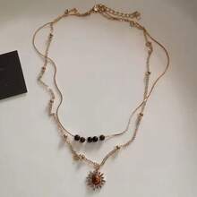 复古皮革棕色宝石太阳吊坠串珠颈链锁骨链项链女士独特 Y2K 个性化垃圾摇滚珠宝 - 彩色 - 查看 6