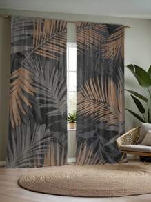 2 件高品质植物叶数码印花窗帘，可机洗，适用于卧室、客厅和餐厅 - 带杆套、隔热、半遮光、家居装饰窗帘