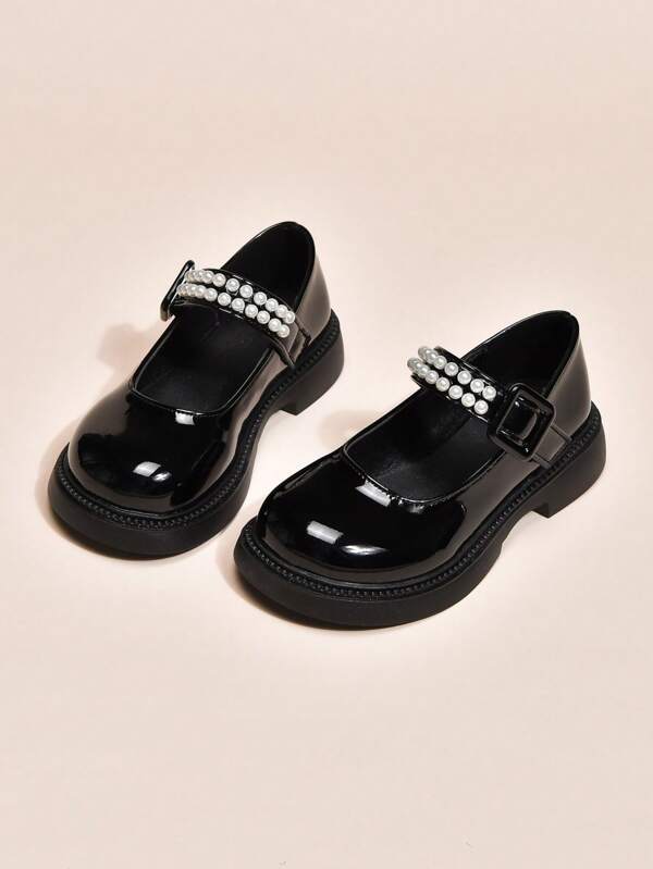 1 Pair Kids' Solid Color PU One-Strap Buckle Pearl Hook And Loop Sandals, Suitable For Banquet, Party, Wedding, Spring/Autumn