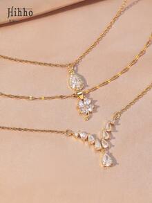 Hihho Bộ 3 dây chuyền đính đá Zirconia thiết kế hình giọt nước, hình tròn, hoa thanh lịch và thời trang, quà tặng trang sức sang trọng cho phụ nữ ngày lễ tình nhân, mẹ, mẹ, ngày của mẹ, quà tặng - Vàng - Xem 2