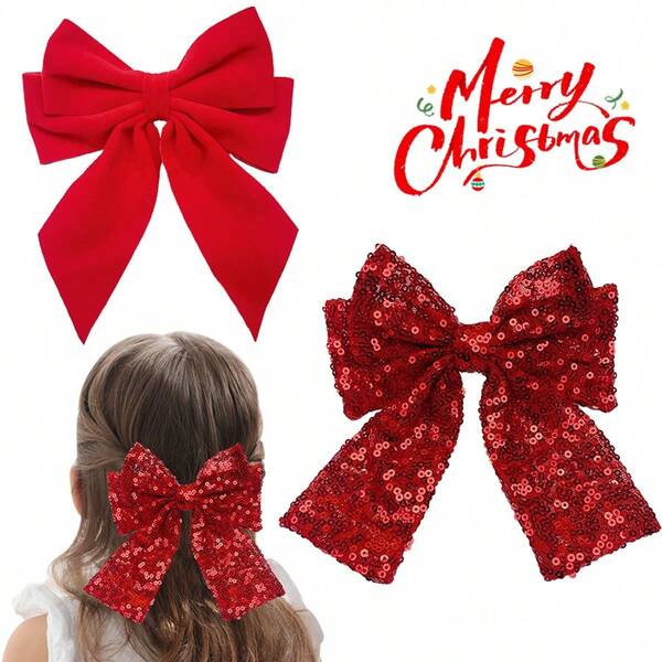 1pc Girls' Christmas Sequins Sequin Flocked Bow Hair Clip, Suitable For Daily Wear, Holiday Parties, Gift